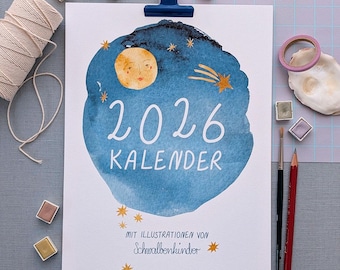 Duitse wandkalender 2026 – A4 fine-art papier, 12 illustraties voor 12 maanden, de A4-vellen (210 x 297 mm) zijn ongebonden en niet geperforeerd