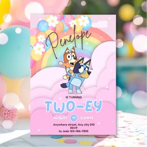 Bluey Birthday Invitation | Editable 2nd Birthday Invite | Girl Bluey Party | Rainbow Daisy TWO-EY Theme | Printable Instant Download