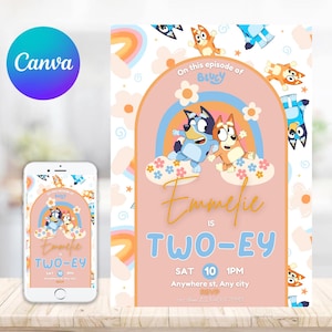 Girls Bluey Two-ey 2nd Birthday Invitation | Editable Bluey party invite | Digital Bluey Birthday invite | Canva Invite template