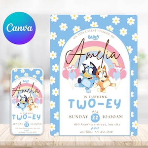 Bluey Birthday Invitation | Editable 2nd Birthday Invite | Girl Bluey Party | Pastel Rainbow TWO-EY Theme | Printable Instant Download