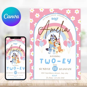 Bluey Birthday invitation | Editable 2nd birthday template | Girl pink Bluey invite | pastel rainbow two-ey theme | Printable download