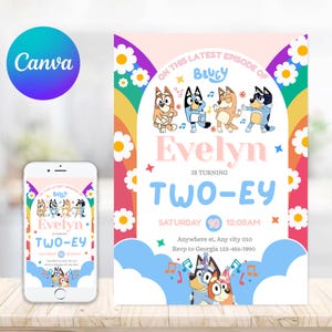 Bluey Two-ey Birthday Invite | Editable Two-Ey 2nd Birthday Invitation | Canva Template | Alternate Digital video with Sound! |
