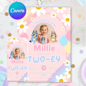 Bluey Photo Birthday Invitation Girl | Pink Twoey Invite | Editable 2nd Birthday Party Invite with Picture | Instant Download