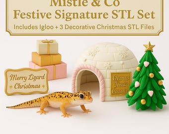 Set STL di nascondigli natalizi per gechi leopardo / Grotta, albero, cartello e regali per rettili stampabili in 3D / Collezione di casette per lucertole festive