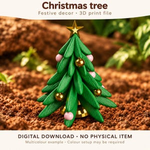 Puede incluir: Un árbol de Navidad impreso en 3D de color verde con una estrella dorada en la punta, adornos esféricos dorados y rosas, y una base dorada. El texto dice: Christmas tree, Festive decor, 3D print file, DIGITAL DOWNLOAD, NO PHYSICAL ITEM.