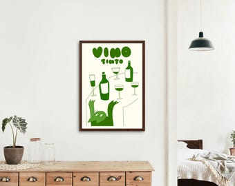 Wine Cat Print, Kitchen Wall Art, Bar Cart Poster, Funny Wall Art, Minimal Wall Decor, Red Wine Poster, Digital Print