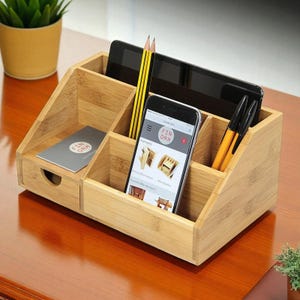 Wooden Desktop Phone Storage Box – 5 Grid Organizer for School, Office & Repair Shop Management