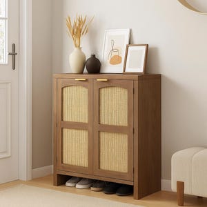 Shoe Cabinet Storage for Entryway – 44&quot; Tall Natural Rattan Wooden 6-Tier Farmhouse Boho Storage Cabinet