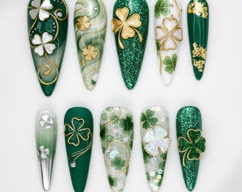 TerraNails – Emerald Clover Gold Press on Nails, groene klaver en parelglitterontwerp, St. Patrick’s Luxury Long Stiletto Nail Art – TN188