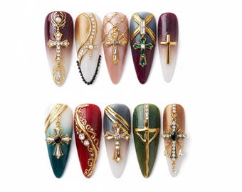 Terra Nails – Gothic Cross Luxury Press On Nails with Gold  Gem Details, Royal Vintage Cathedral Nail Art for Elegant Look – TN81