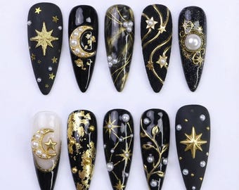 TerraNails – Celestial Black & Gold Star Moon Press On Nails, Luxury Pearl Galaxy Nail Art, Elegant Night Sky Design – TN152