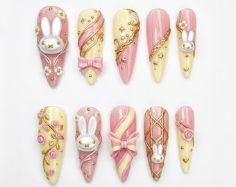 TerraNails – Pastel Pink Bunny Press On Nails with Gold Stars, Roses, 3D Bows, Rabbits, Elegant Swirl Accents, Kawaii Pink Nail Art – TN133