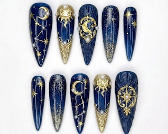 TerraNails - Midnight Blue Celestial Moon & Star Press On Nails, Gold Konstellationsperle Nail Art, Luxus Galaxy Design - TN153