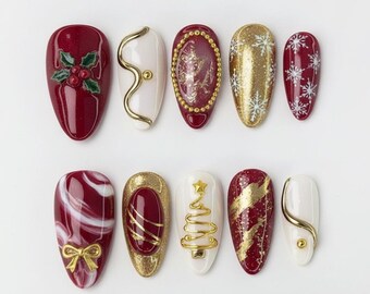 Terra Nails – Czerwone złote, naklejane paznokcie w kształcie choinki z motywem płatka śniegu i kokardki, elegancki, świąteczny zestaw do paznokci, zimowe paznokcie imprezowe – TN104
