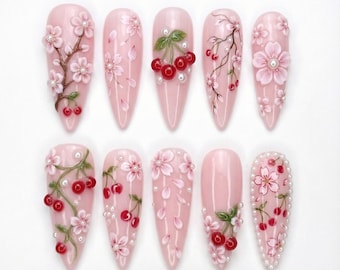 TerraNails – Pink Cherry Blossom Press On Nails, 3D Sakura Flowers & Red Cherry Pearl Nail Art, Elegant Spring Design – TN152