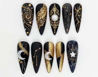 TerraNails – Black Gold Celestial Press On Nails, Moon Star Pearl Gothic Luxury Handmade Statement Nail Set – TN151