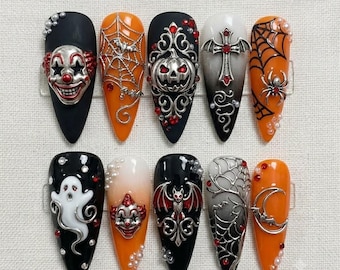TerraNails - Halloween Press On Naglar Orange Svart Clown Pumpa Spöke Fladdermus Kors Lösnaglar