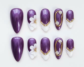 Terra Nails – Elegant Purple Gold Press On Nails with 3D Flower & Rhinestone Accents, Glossy French Style Handmade Reusable Nail Set – TN76