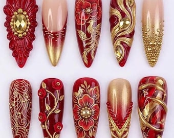 TerraNails - Unghie finte di lusso rosse e oro con fenice, fatte a mano, riutilizzabili, eleganti, perfette per la nail art da sposa.