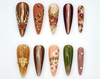 Terra Nails – Höstbruna guldfärgade press-on-naglar med höstlöv, prästkrageblommor, handgjort blommigt nagelkonstset, eleganta höstnaglar – TN109