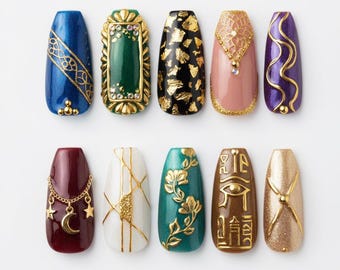 Terra Nails – Egyptian Goddess Press On Nails with Gold Foil & Gemstone Details, Royal Luxury Nail Art with Ancient Symbol Charms – TN80