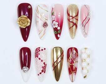 Terra Nails – Red Gold Floral Press On Nails with Pearls, Rose, Cherry Blossom, Elegant Wedding Valentine Luxury Handmade Nail Set – TN106