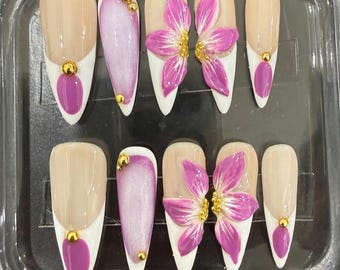 Terra Nails – White French Press On Nails with 3D Pink Orchid Flower, Gold Beads, Purple Accent and Elegant Handmade Design – TN46