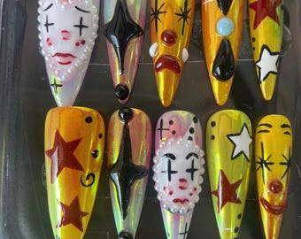 Terra Nails - Handmade Clown Circus Press On Nails – Colorful 3D Clown Face Nail Art Set – Long Coffin Nails – Festival Costume Nails - TN48