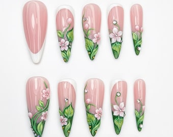 TerraNails – Uñas postizas con diseño floral rosa, pintadas a mano, hojas 3D y diseño de jardín con diamantes de imitación – TN127