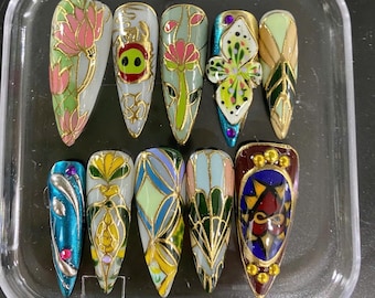 Stained Glass Press On Nails: Lotus, Butterfly, Vintage Mosaic - Handmade