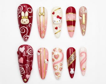 TerraNails – Red Pink Kawaii Bunny, Kitty Press On Nails, Heart Gold Accent Design – TN146
