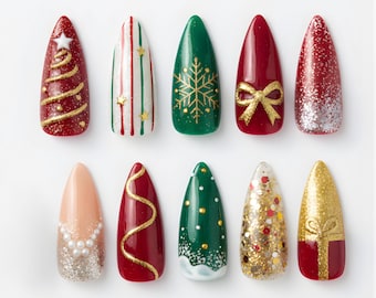Terra Nails – świąteczne, czerwono-zielono-złote, prasowane paznokcie z brokatowymi płatkami śniegu i świąteczną kokardką, elegancki, zimowy, ręcznie robiony wzór na paznokciach – TN119