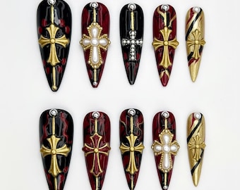 TerraNails – Gothic Cross Press On Nails in Black Red Gold, 3D Cross Charms, Pearl Accents, Bold Luxury Handmade Set – TN143