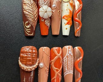 Terra Nails – Autumn Pumpkin Wheat Pearl Maple Leaf Press On Nails Fall Harvest 3D Cozy Sweater Brown Gold Thanksgiving Nail Art – TN101