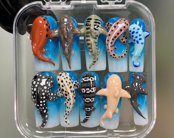 Terra Nails – Uñas postizas 3D de tiburón y ballena, set de decoración artesanal con temática oceánica y criaturas marinas realistas – TN68