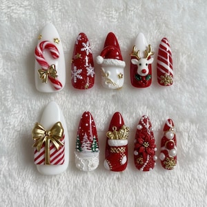 Terra Nails – Christmas Red White Candy Cane Reindeer Gift Box Press On Nails 3D Santa Tree Poinsettia Pearl Snowflake Holiday Nails – TN99