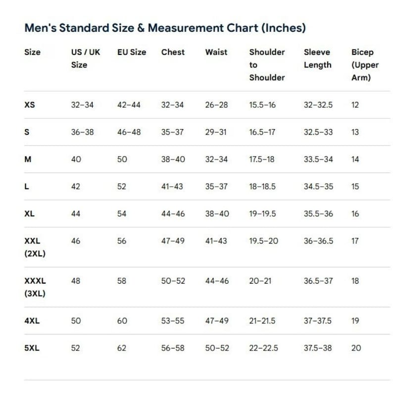 May include: A white chart titled "Men's Standard Size & Measurement Chart (Inches)" displays size information. It includes US/UK, EU sizes, chest, waist, shoulder to shoulder, sleeve length, and bicep measurements in inches for sizes XS to 5XL.