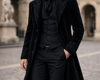 Victorian Gothic Men's Long Coat, Embroidered Black Steampunk Overcoat, Vampire Style Trench Coat, Elegant Winter Gothic Groom Fashio