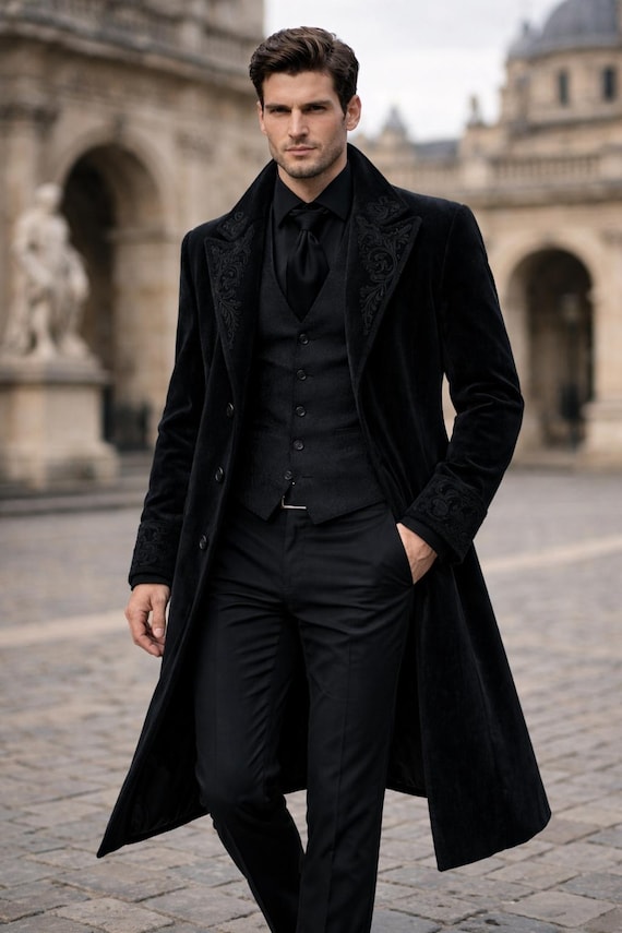 Victorian Gothic Men's Long Coat, Embroidered Black Steampunk Overcoat, Vampire Style Trench Coat, Elegant Winter Gothic Groom Fashio