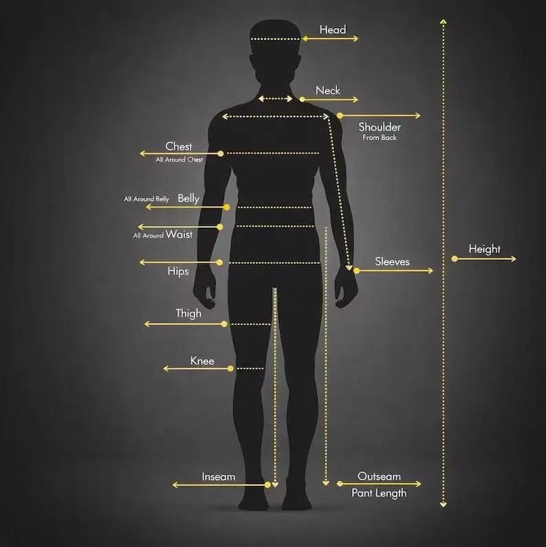 May include: Silhouette of a person with measurement labels for clothing. Labels include head, neck, chest, belly, waist, hips, thigh, knee, inseam, outseam, sleeves, and height. The image is on a dark gray background.
