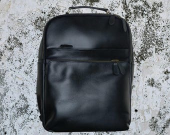 Full Grain Black Leather Laptop Backpack, Unisex Minimalist Style