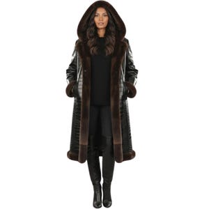May include: A long black coat with a hood and brown fur trim. The coat has a crocodile skin pattern and is worn with black boots. The hood and cuffs are lined with brown fur.