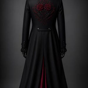 May include: A long black coat with a red satin lining and a decorative floral design on the back. The coat features a high collar, button details, and ruffled cuffs. The coat is displayed on a mannequin.