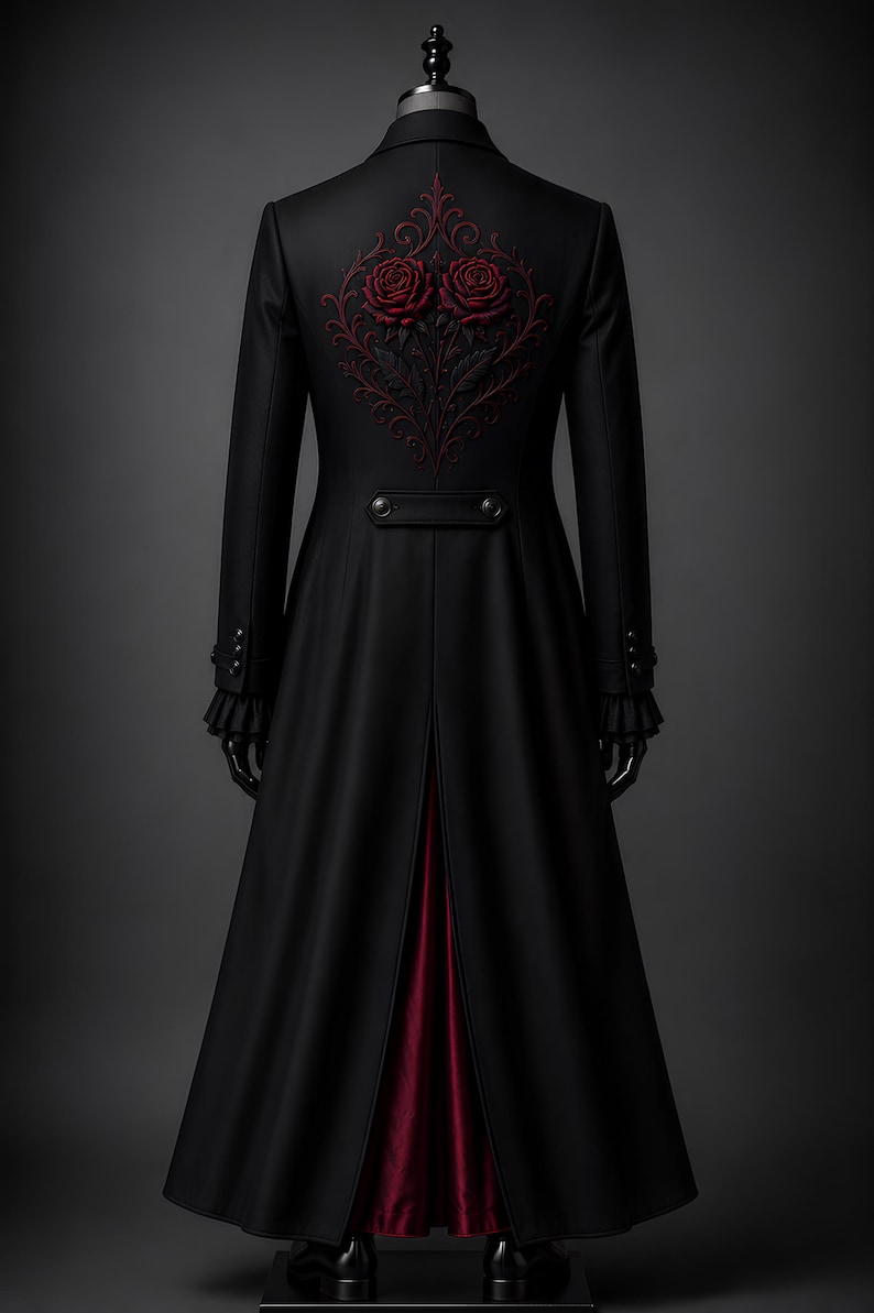 May include: A long black coat with a red satin lining and a decorative floral design on the back. The coat features a high collar, button details, and ruffled cuffs. The coat is displayed on a mannequin.