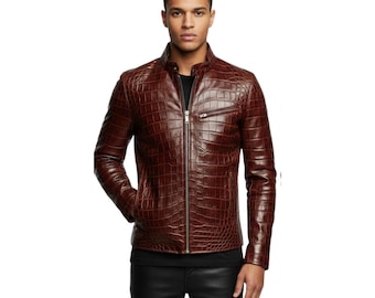 Handmade Brown Crocodile Embossed Leather Biker Jacket | Luxury Exotic-Style Men’s Leather Coat | Crocodile Leather Jacket Gift for Him