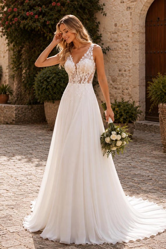 a-line v-neck floor-length chiffon lace wedding dress V Neck A Line Bridal Gown, Open Back Sleeveless Applique Wedding Dress, Bridal Gown, Custom Vestidos De Noiva Length with Train Lining EOFY-70 Linen Maxi Dress, Military Color:Medium Wash
