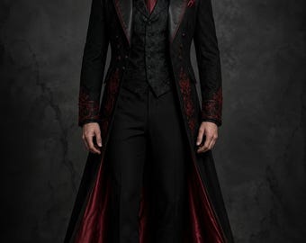 Gothic Vampire Coat, Dracula Style Victorian Goth Suit, Dark Aristocrat Jacket, Steampunk Wedding Longcoat, Masquerade Coat for Men Cosplay