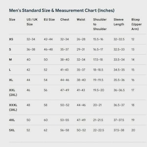 May include: A men's standard size and measurement chart in inches. The chart includes sizes XS to 5XL, with corresponding US/UK and EU sizes, chest, waist, shoulder to shoulder, sleeve length, and bicep measurements.
