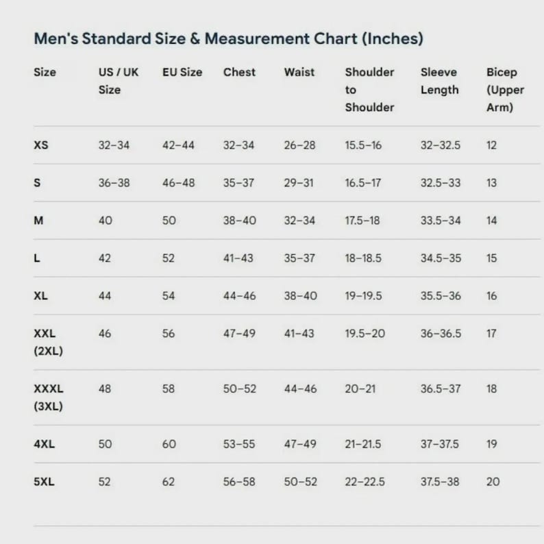 May include: A men's standard size and measurement chart in inches. The chart includes sizes XS to 5XL, with corresponding US/UK and EU sizes, chest, waist, shoulder to shoulder, sleeve length, and bicep measurements.