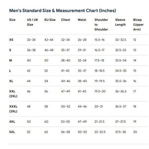 May include: A white chart titled "Men's Standard Size & Measurement Chart (Inches)" displays size information. It includes US/UK, EU sizes, chest, waist, shoulder to shoulder, sleeve length, and bicep measurements in inches for sizes XS to 5XL.